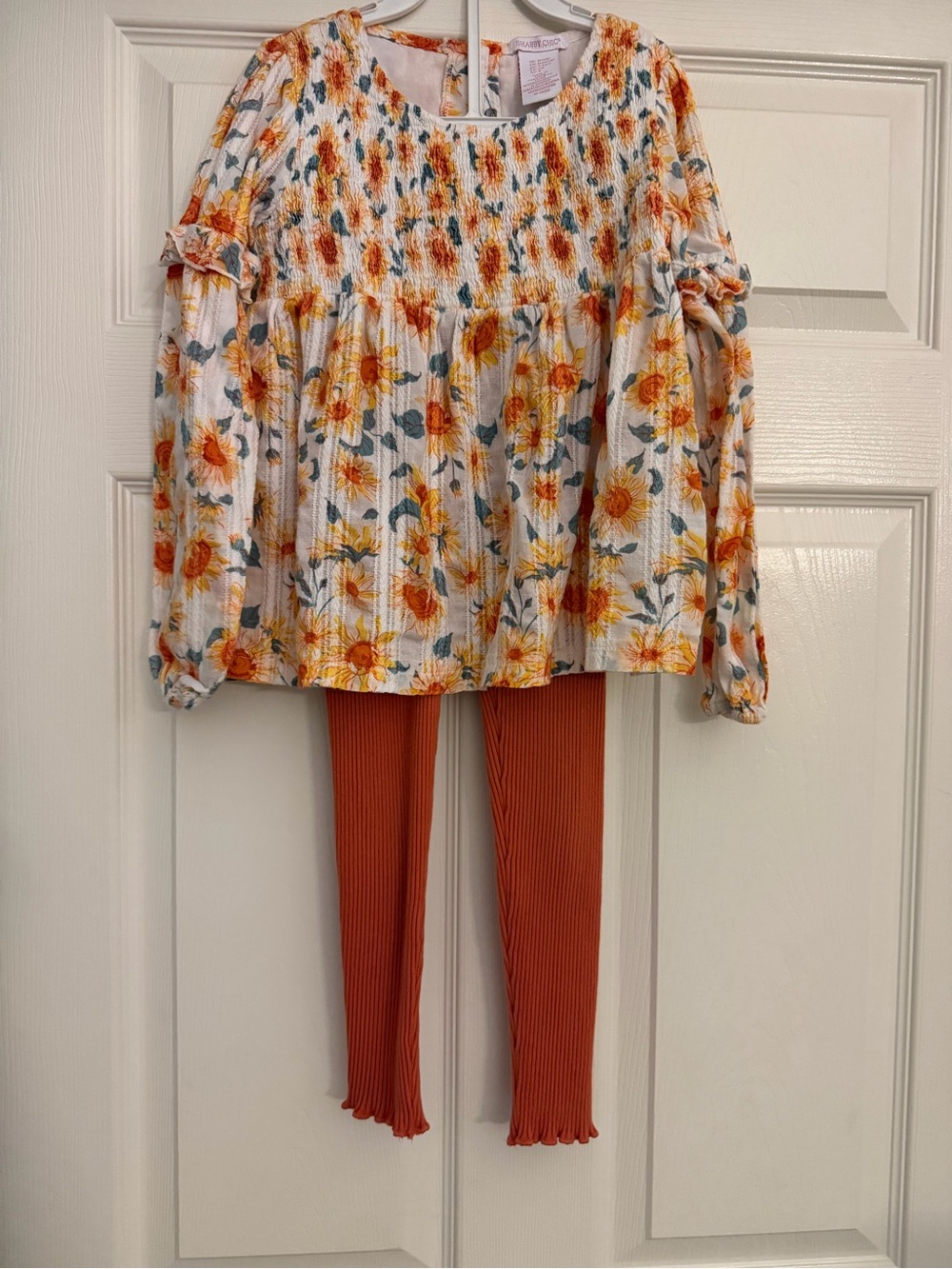 Shabby Chic White Floral Smocked Top with Yellow and Orange Accents